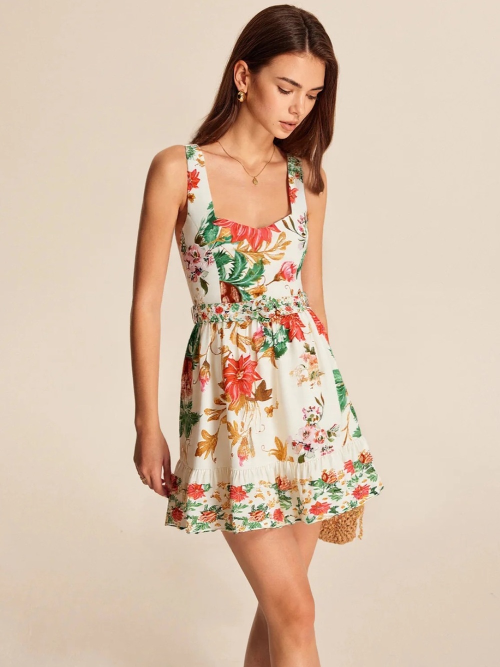 Commense Floral Scoop Neck Mini Belted Dress XL